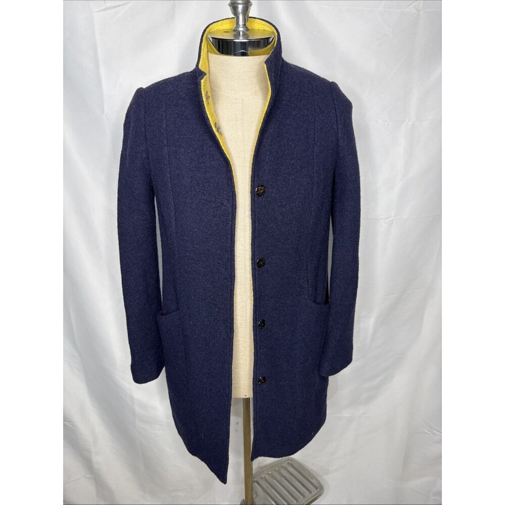 Boden Wool Blend Coat US 4 UK 8 Blue Snaps Pockets Yellow Placket Nehru Collar